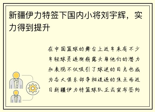 新疆伊力特签下国内小将刘宇辉，实力得到提升